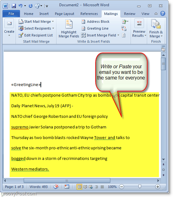 Outlook 2010 ekrānuzņēmums — ierakstiet masveida e-pasta saturu