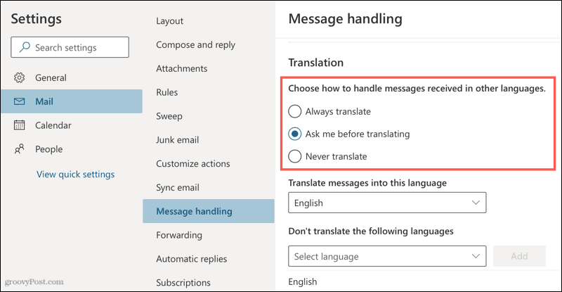 Tulkošanas iestatījumi programmā Outlook online