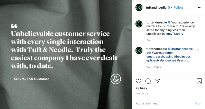 klientu citātu grafika no Tuft and Needle Instagram konta