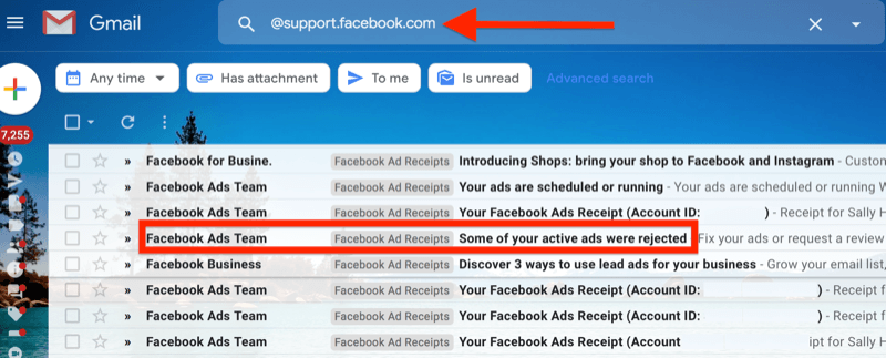 Gmail filtra piemērs @ support.facebook.com, lai izolētu visus facebook reklāmas e-pasta paziņojumus