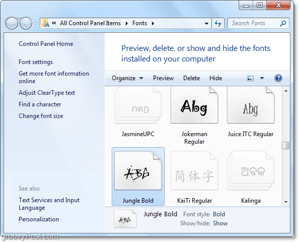 skats uz Windows 7 fontu vadības paneli
