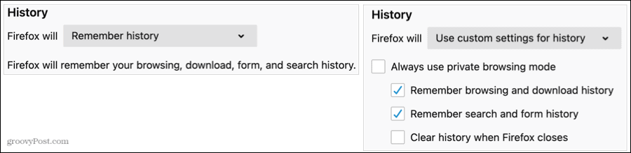 Vēstures iestatījumi pārlūkprogrammā Firefox