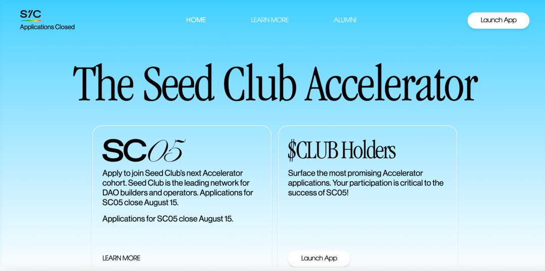 seed-club-dao-akseleratora-programmas galvenā lapa