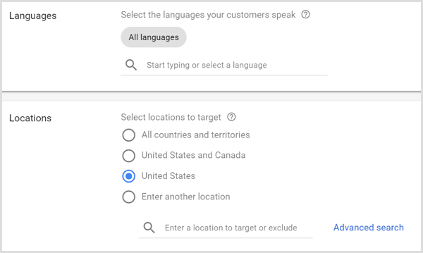 Valodu un atrašanās vietu iestatījumi Google AdWords kampaņai.