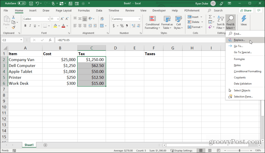 aizstājot formulas rakstzīmes programmā Excel