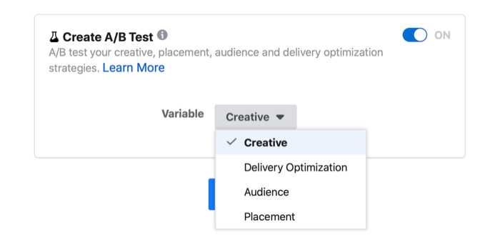 facebook reklāmas a / b testēšanas iestatījums, kas parāda mainīgās reklāmas, piegādes optimizācijas, mērķauditorijas un izvietojuma opcijas