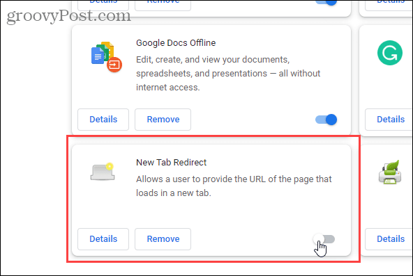 Pārlūkā Chrome atspējojiet paplašinājumu New Tab Redirect