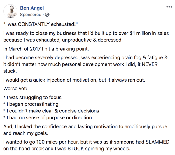 Kā rakstīt un strukturēt uz Facebook balstītas, uz garāku formu balstītas Facebook sponsorētās ziņas, 1. solis, Bena Andžela aizkadra paziņojumu piemērs