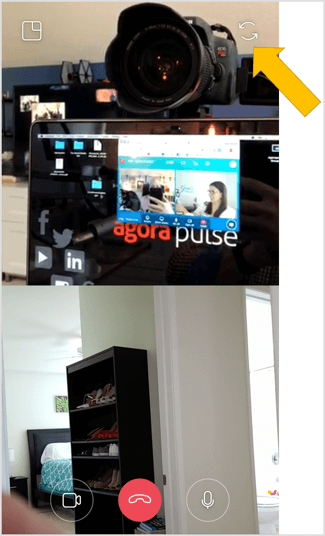 Pieskarieties dubultās bultiņas ikonai ekrāna augšējā labajā stūrī, lai jebkurā laikā Instagram tiešsaistes video tērzēšanas laikā pārslēgtos uz aizmugurējo kameru.