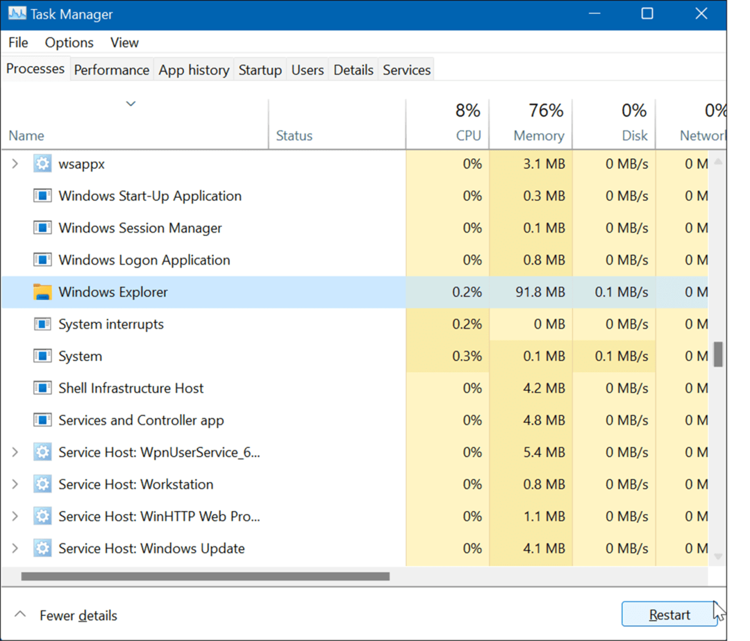 Restartējiet programmu Windows Explorer, atiestatiet uzdevumjoslas iestatījumus operētājsistēmā Windows 11
