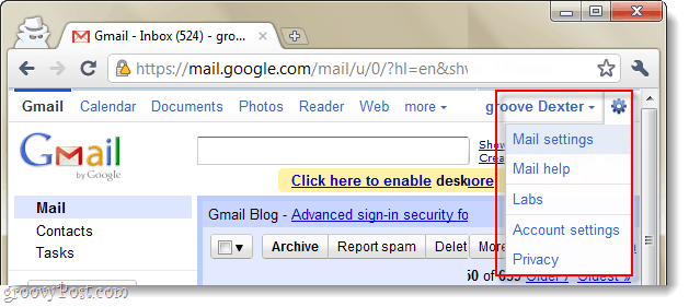 gmail pasta iestatījumu nolaižamā izvēlne