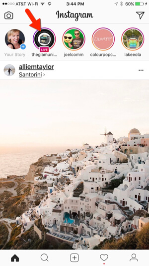 Pašreizējās Instagram tiešraides ir skaidri iezīmētas cilnes Sākums augšdaļā.
