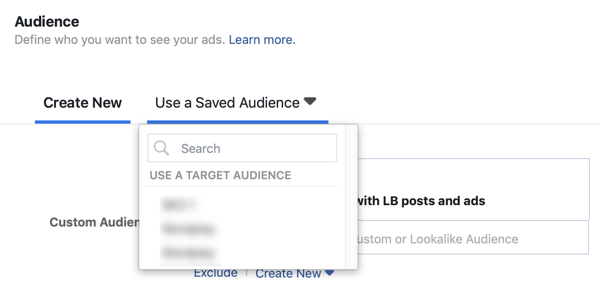 Iespēja izmantot saglabāto auditoriju Facebook vadošo reklāmu kampaņai.