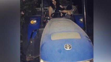 Asena Atalay izkāpa no Lamborghini uzkāpa uz traktora