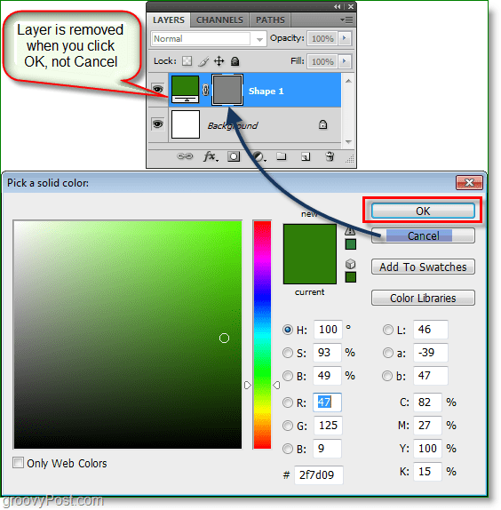 Photoshop krāsu atlasītāja ekrānuzņēmums. Ja tas darbojas, tagad Photoshop varat izmantot krāsu atlasītāja ātros taustiņus