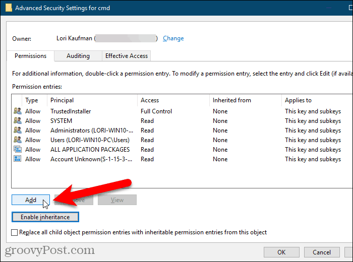 Windows reģistra dialoglodziņā Papildu drošības iestatījumi noklikšķiniet uz Pievienot