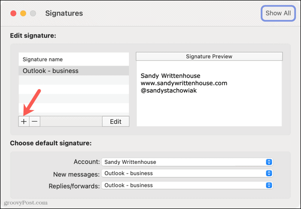 Pievienojiet jaunu parakstu programmā Outlook operētājsistēmā Mac