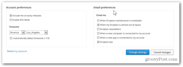 dropbox konfigurēt e-pasta preferences