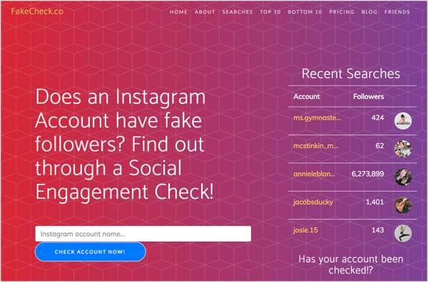 Pārbaudiet viltus Instagram sekotājus vietnē FakeCheck.co.