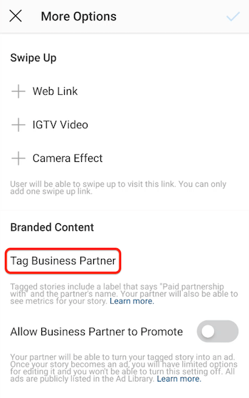 Tag biznesa partnera opcija Instagram stāstiem