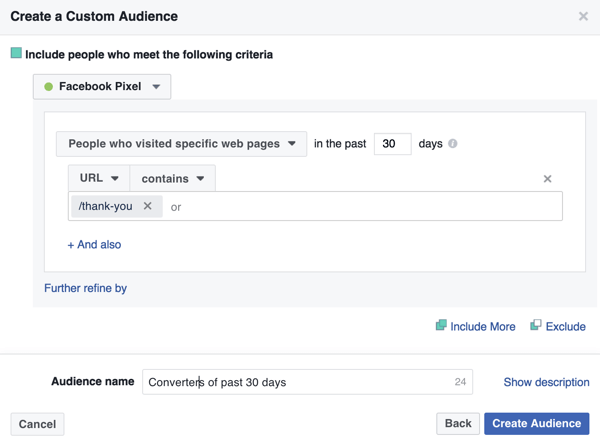 Lai izveidotu Facebook iepriekšējo pircēju pielāgotu auditoriju, pievienojiet pateicības lapas URL.