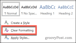 Notīrīt Word formatēšanas stilu opciju