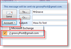 Izvēlieties Sūtīt kontu programmā Outlook 2007