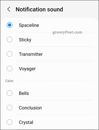 Android paziņojumu skaņas iestatījumu izvēlne