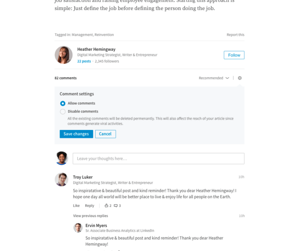 LinkedIn iepazīstināja izdevējus ar iespēju tieši pārvaldīt komentārus par viņu garās formas rakstiem.