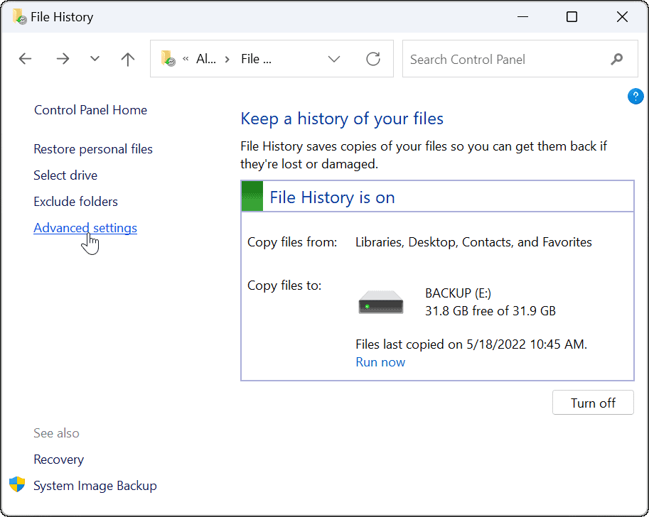 uzlabotas lietošanas failu vēsture operētājsistēmā Windows 11
