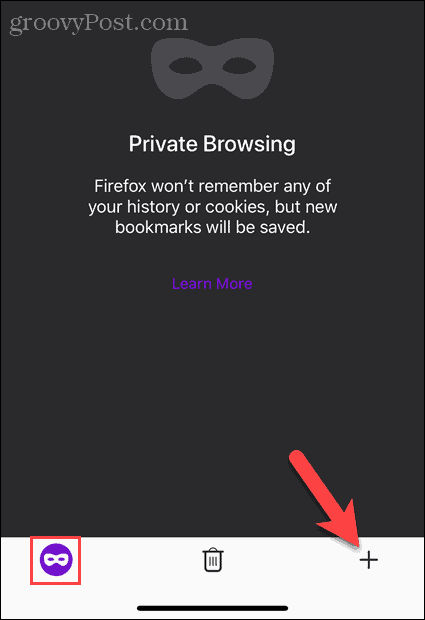 IOS operētājsistēmas Firefox privātajā pārlūkošanas režīmā pieskarieties pogai Jauna cilne