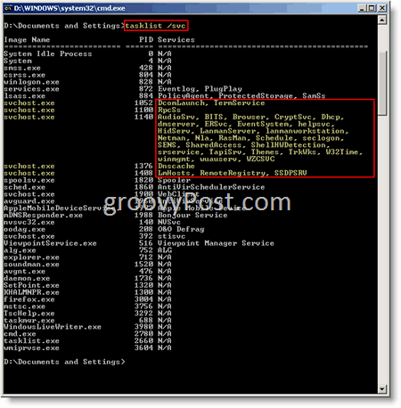 Windows komanda Windows Prompt svchost.exe uzdevumu saraksts / svc