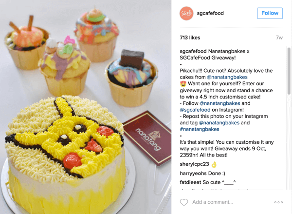 Singapūras kafejnīca Food reklamēja Nanatang Bakes dāvanu, izmantojot savu Instagram kontu.