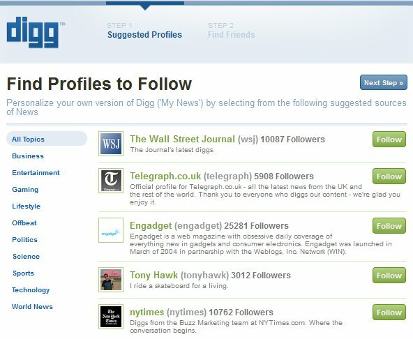 Jauna Digg pieteikšanās - 1. solis - atrodiet profilus