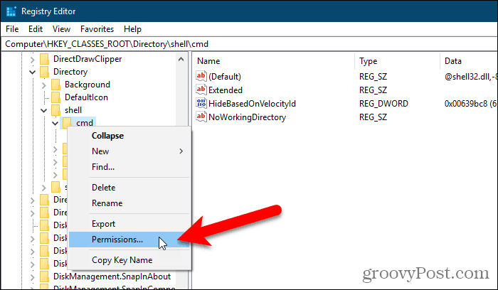 Atveriet dialoglodziņu Atļaujas, lai iegūtu atslēgu Windows reģistrā