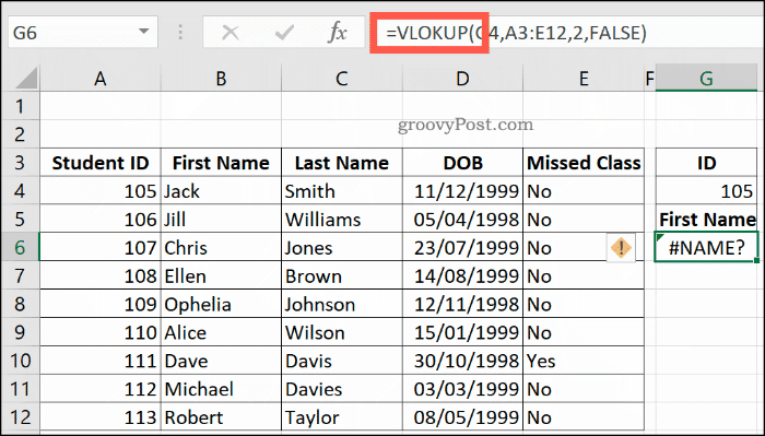 Kļūdas VLOOKUP formula programmā Excel, atgriežot NAME kļūdu