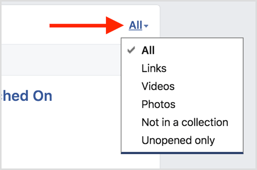 Facebook saglabāto vienumu saraksta filtri