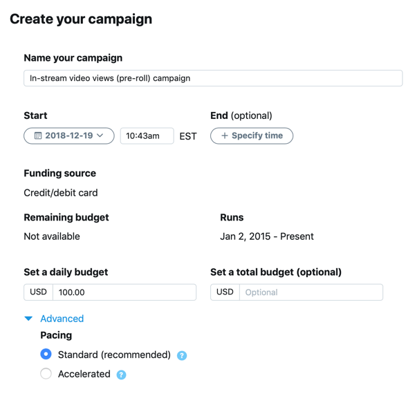 Kampaņas iestatījumu piemērs jūsu klipā ievietoto video skatījumu (pirms videoklipa) Twitter reklāmai.