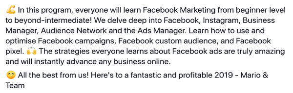 Kā rakstīt un strukturēt garākas formas teksta Facebook sponsorētus ierakstus, 6. solis, programmas iezīmju paraugs: Damn Good Academy, Mario
