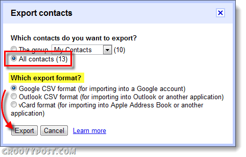 eksportēt google lietotnes gmail kontaktpersonu tips