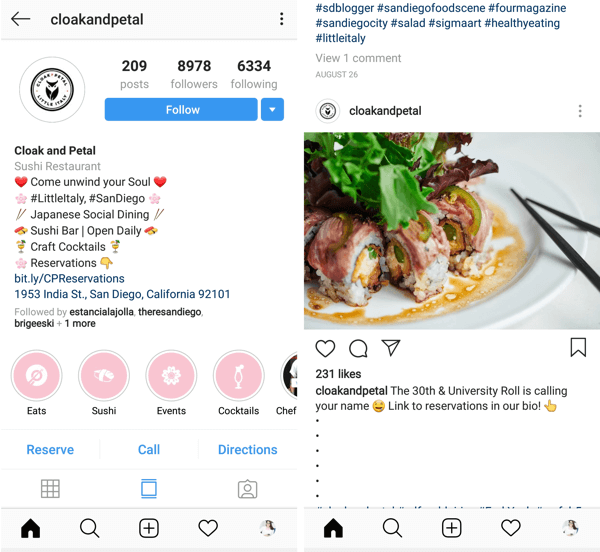 Instagram ziņa ar aicinājumu uz darbību, noklikšķiniet uz @cloakandpetal.