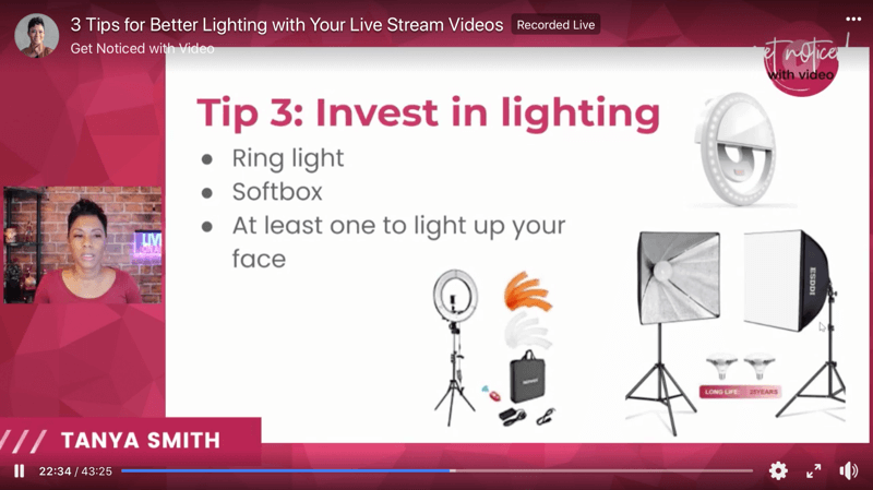 video apgaismojuma padomu ekrānuzņēmums, lai uzlabotu tiešraides pārraides