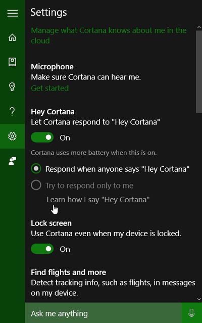 Cortana iestatījumi