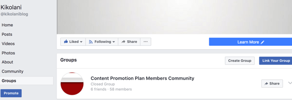Jūsu saistītā grupa tiks parādīta jūsu Facebook lapas cilnē Grupas.