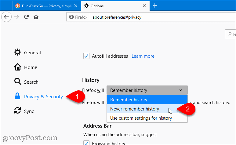 Firefox atlasiet Nekad atcerieties vēsturi