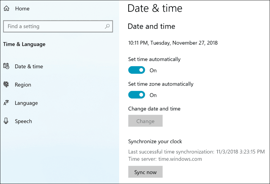 Windows 10 19H1 sinhronizācijas pulksteņa iestatījumi