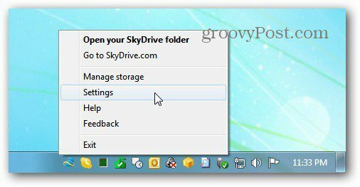 SkyDrive izvēlne