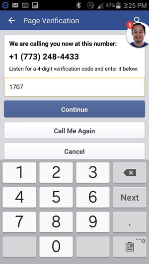 Ievadiet verifikācijas kodu, ko saņēmāt no Facebook, un pieskarieties Turpināt.