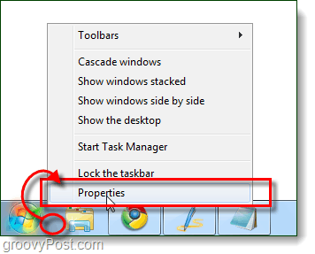 uzdevumjoslas rekvizīti no Windows 7