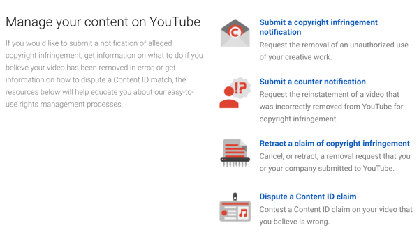 Pakalpojumā YouTube ir noņemšanas procedūras, kuras varat ievērot, ja kāds pārkāpj jūsu autortiesības.